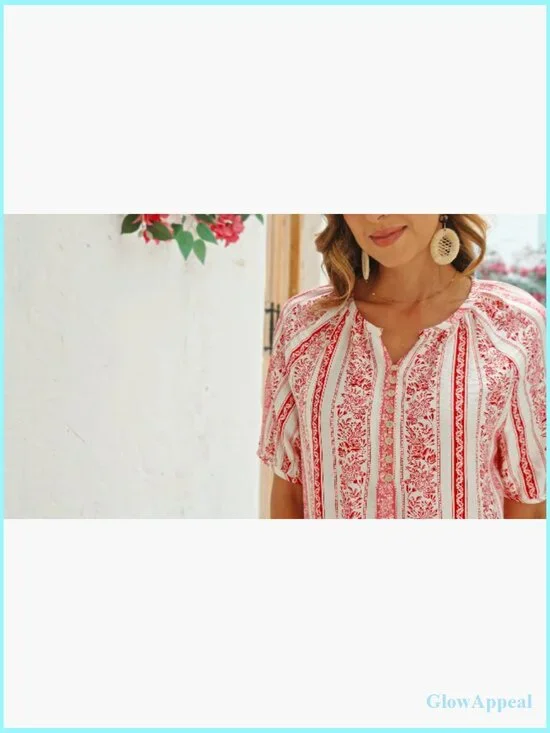 V-Neck Short Sleeve Button Down Blouse, Rayon Nylon Blend, Loose Fit Boho - Picture 5 of 5